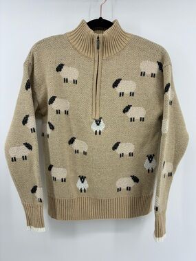 Ricki's Tan Zip-Neck Sweater with Sheep Motif